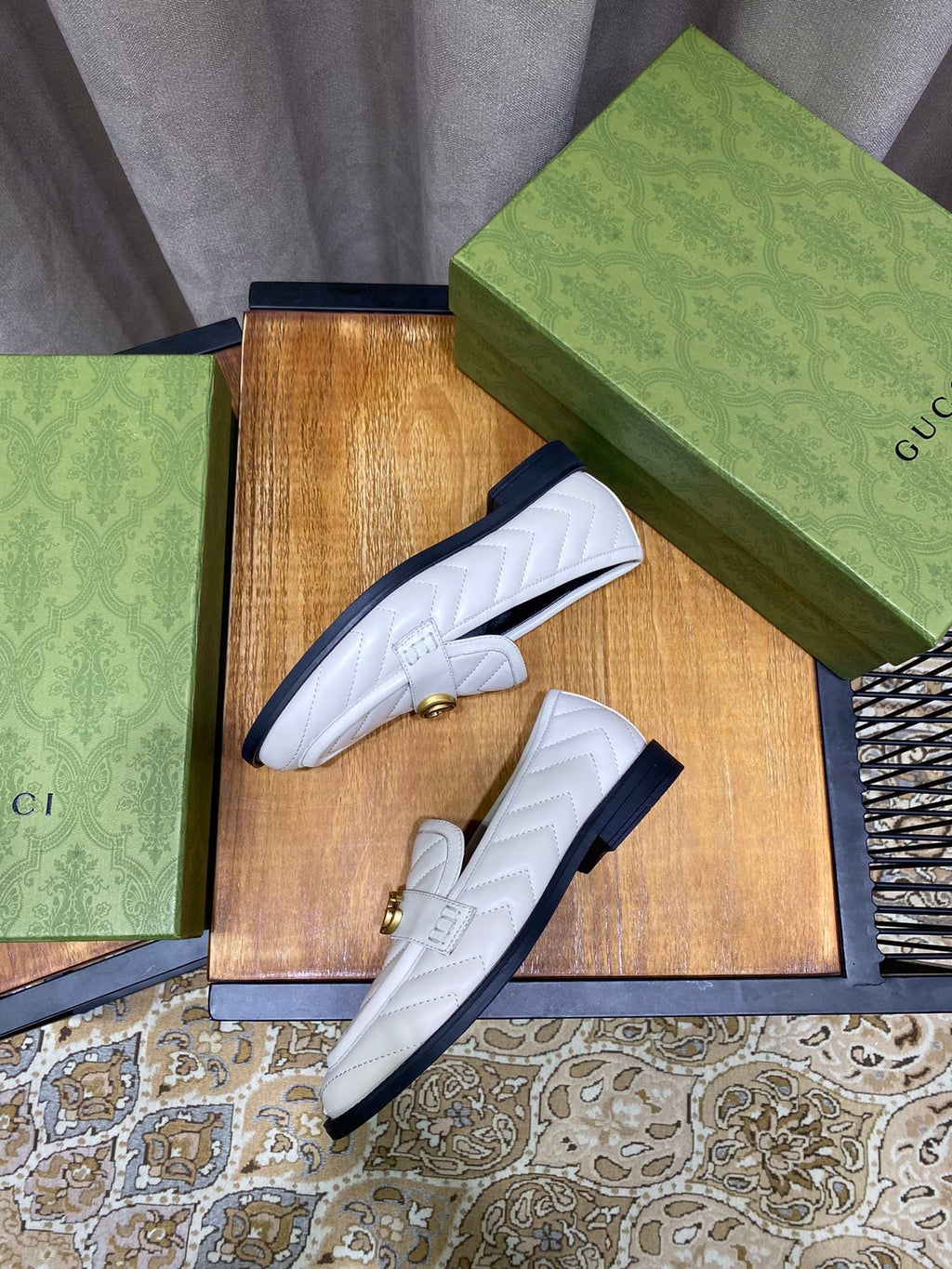 White chevron matelassé loafer