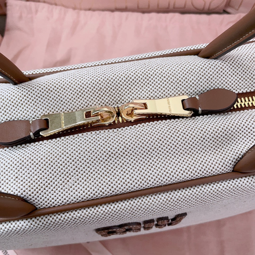 Beige/Brandy Canvas Top-Handle Bag