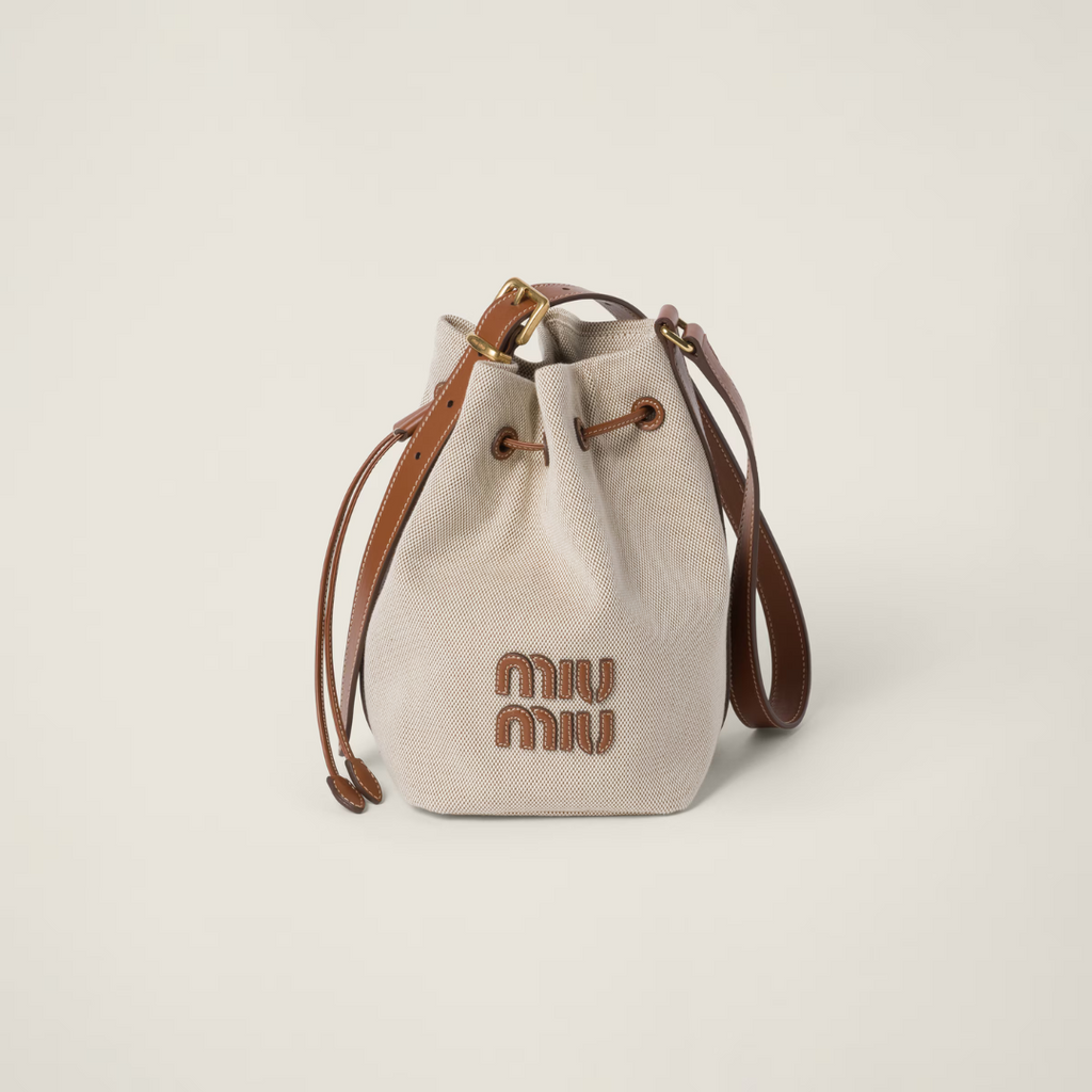 Beige/Brandy Canvas & Leather Bucket Bag