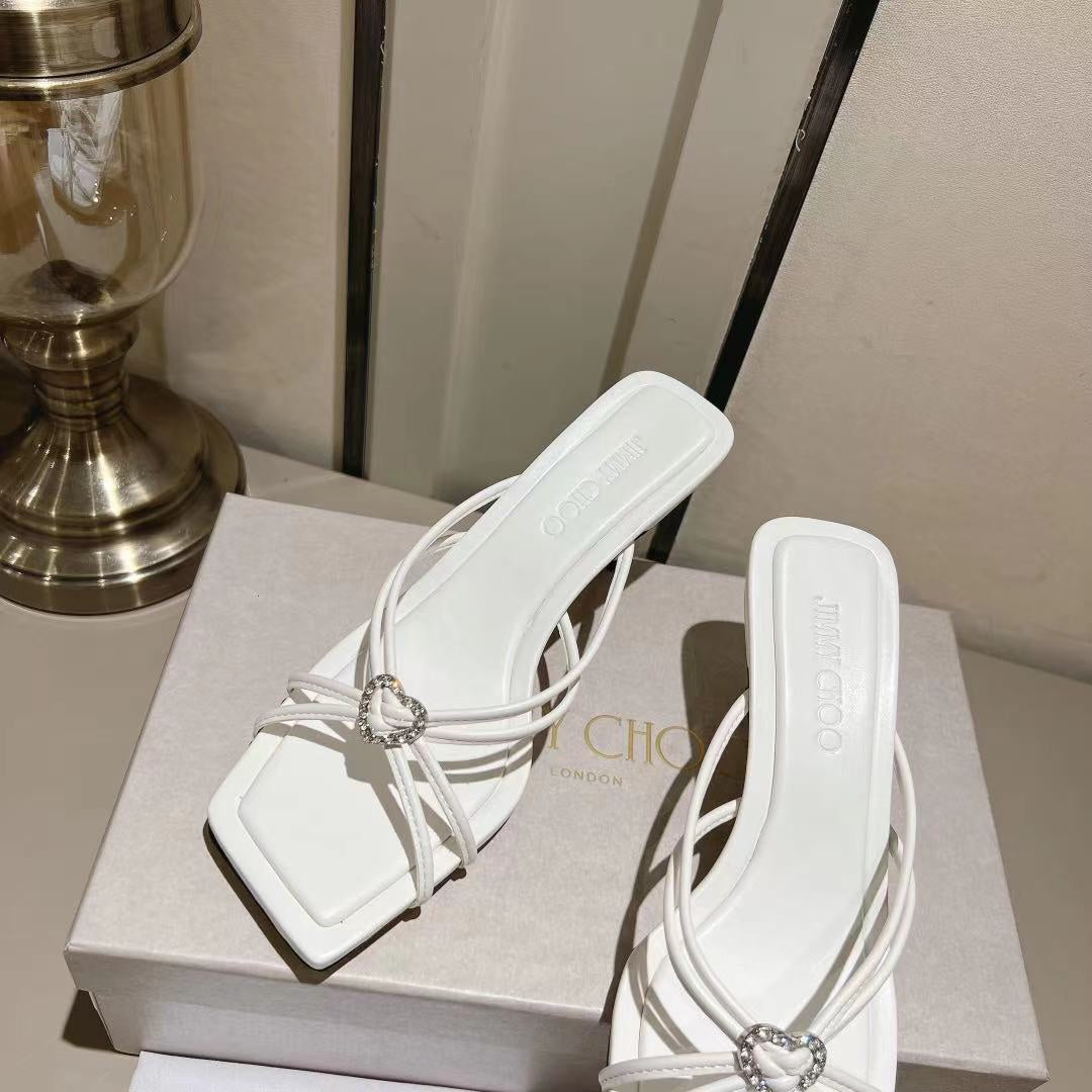 Latte Leather Mules with Crystal Hearts