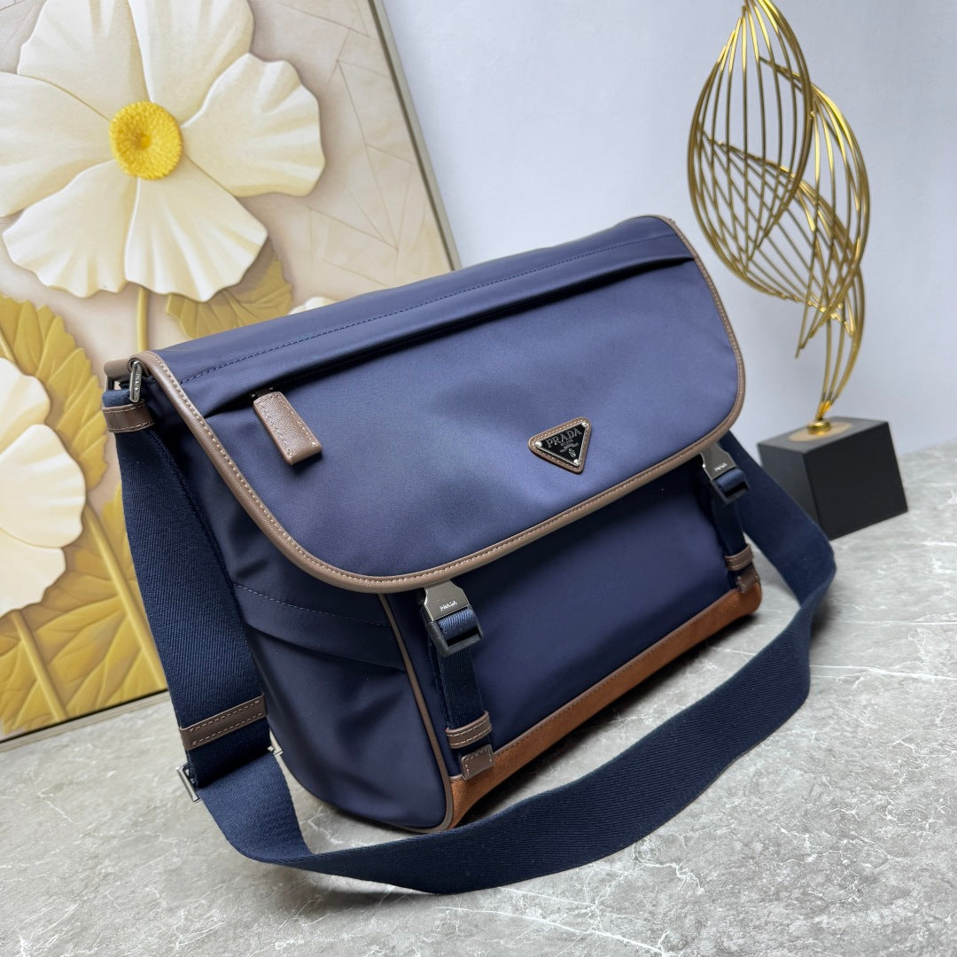 Blue/Coffee Large Re-Nylon & Leather Shoulder Bag