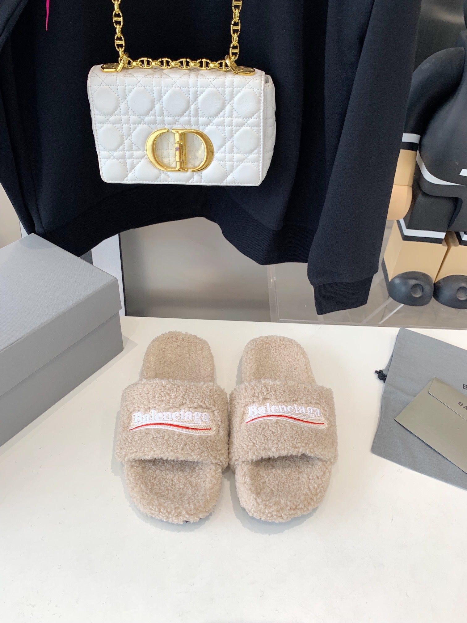 Beige Furry Slides Slip-On Sandals