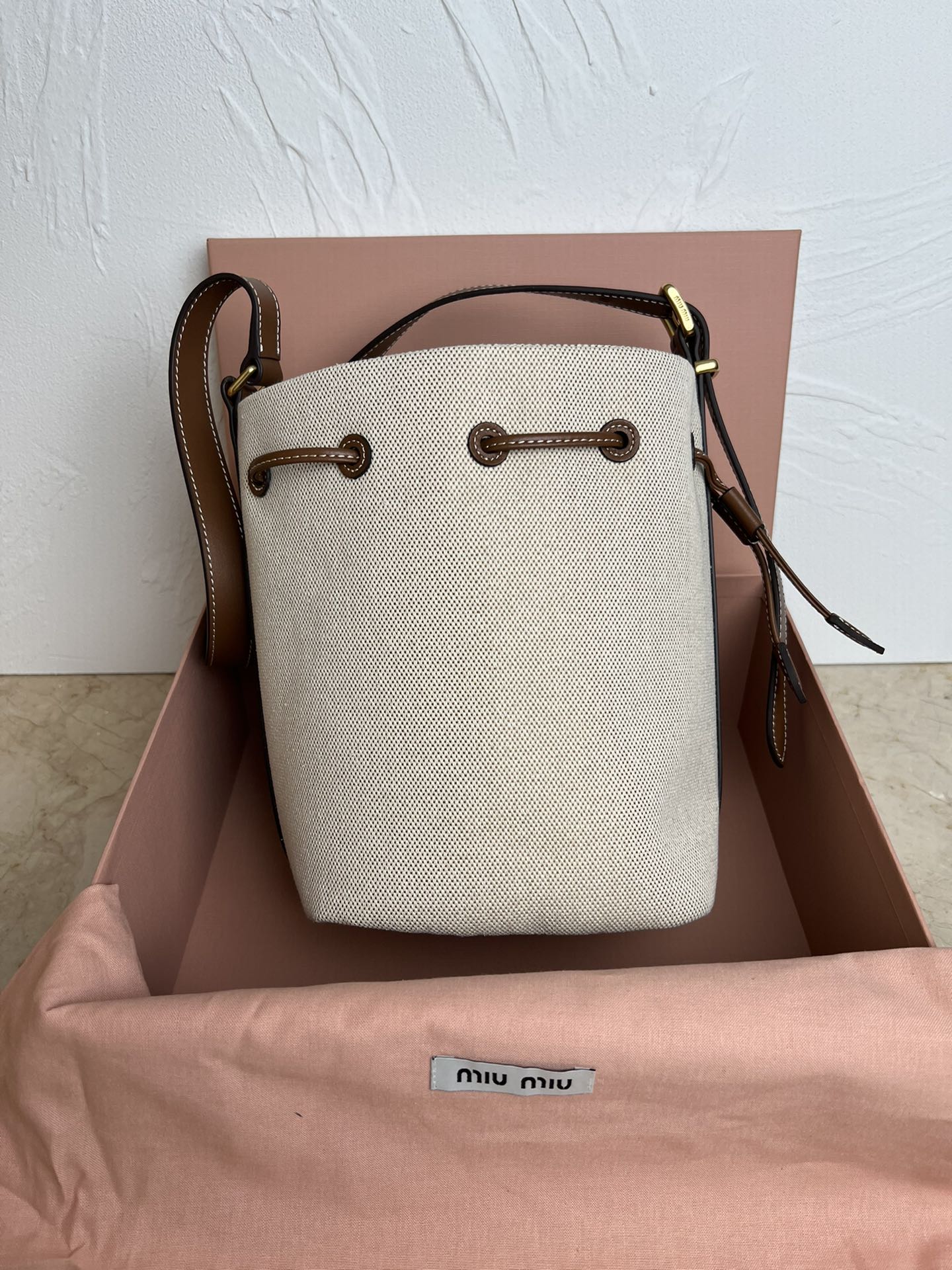 Beige/Brandy Canvas & Leather Bucket Bag
