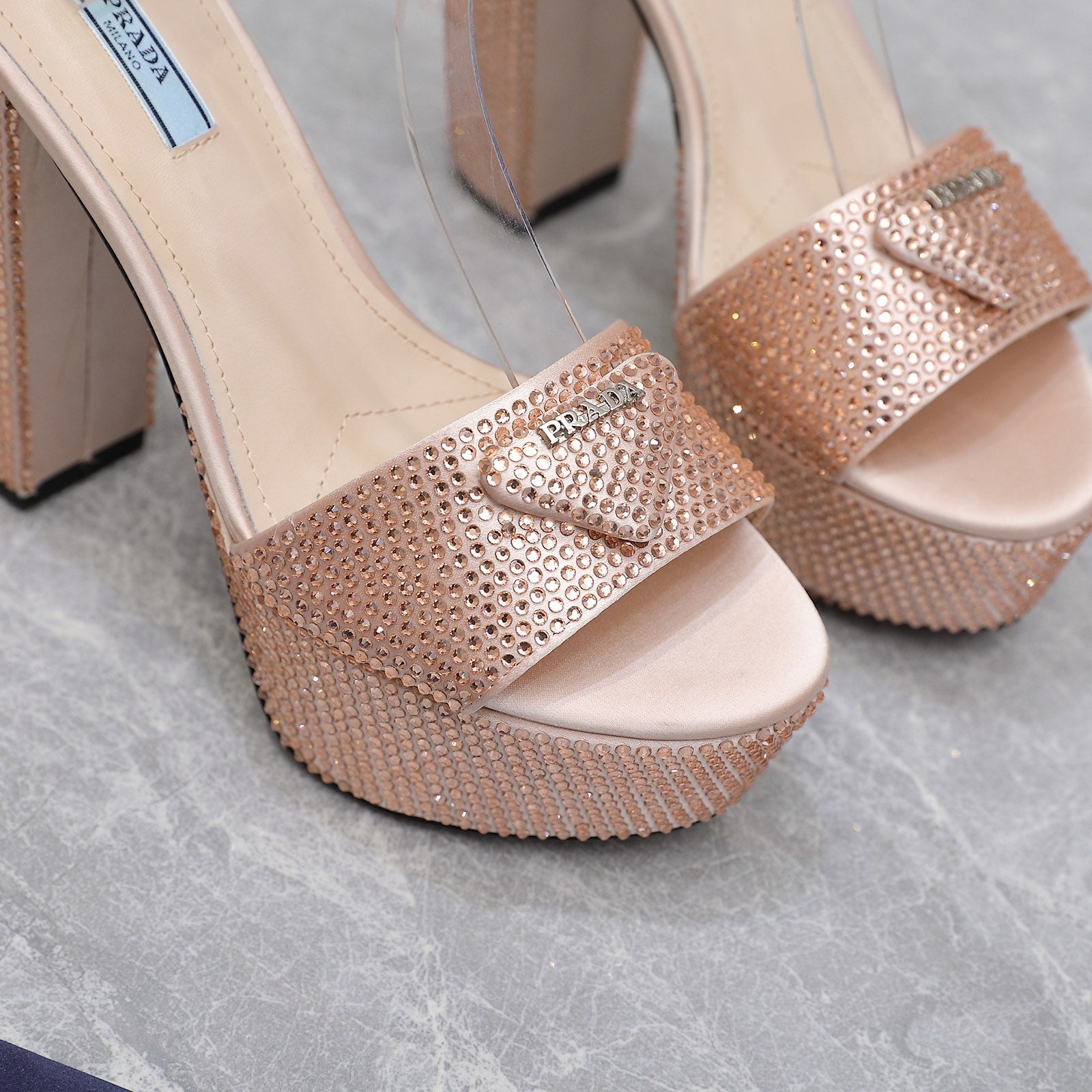 Nude Satin Platform Sandals With Crystals