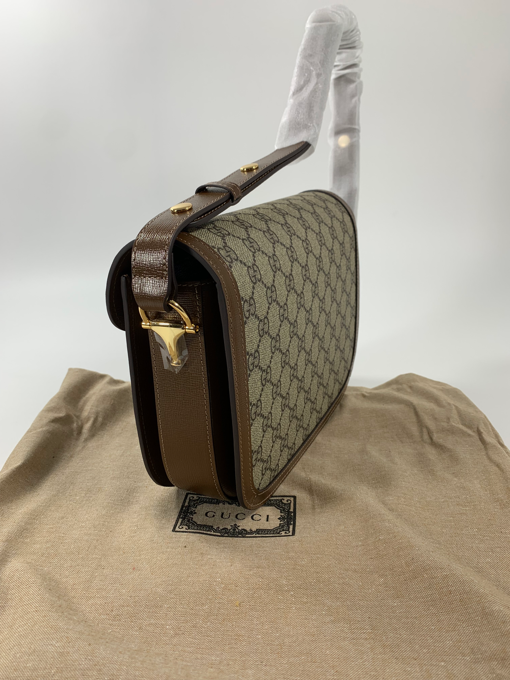 Beige & dark-brown GH medium printed coated-canvas shoulder bag