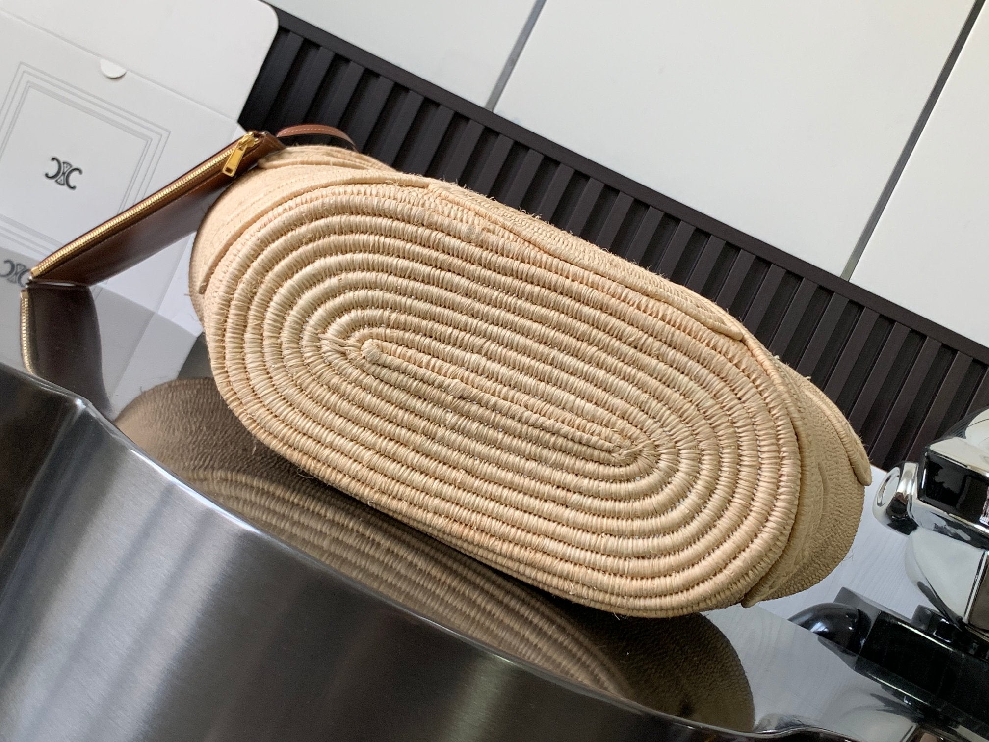 Tan Classic Panier Medium Braided In Raffia & Leather