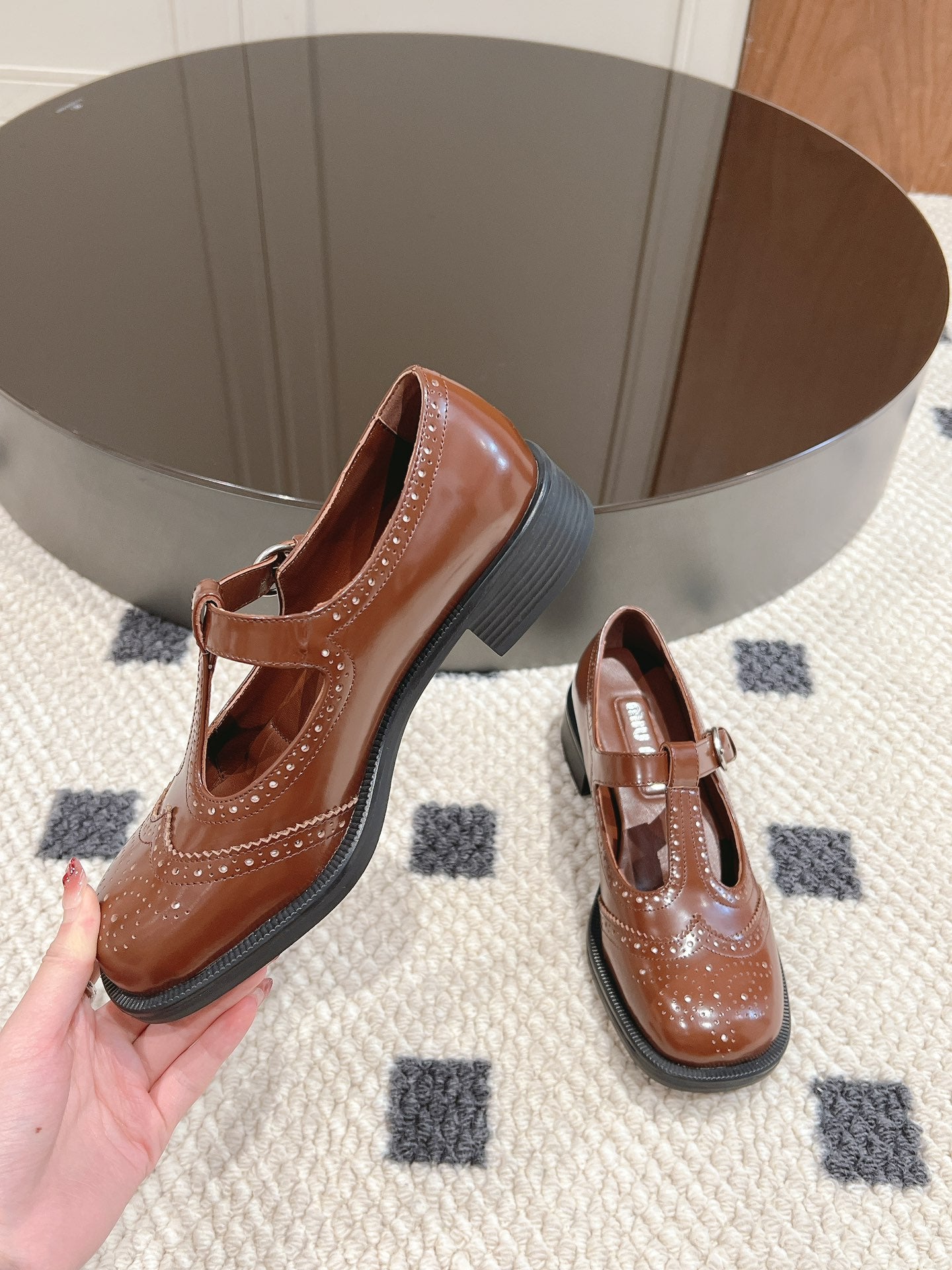 Tobacco Brushed Leather T-Strap Brogue Shoes