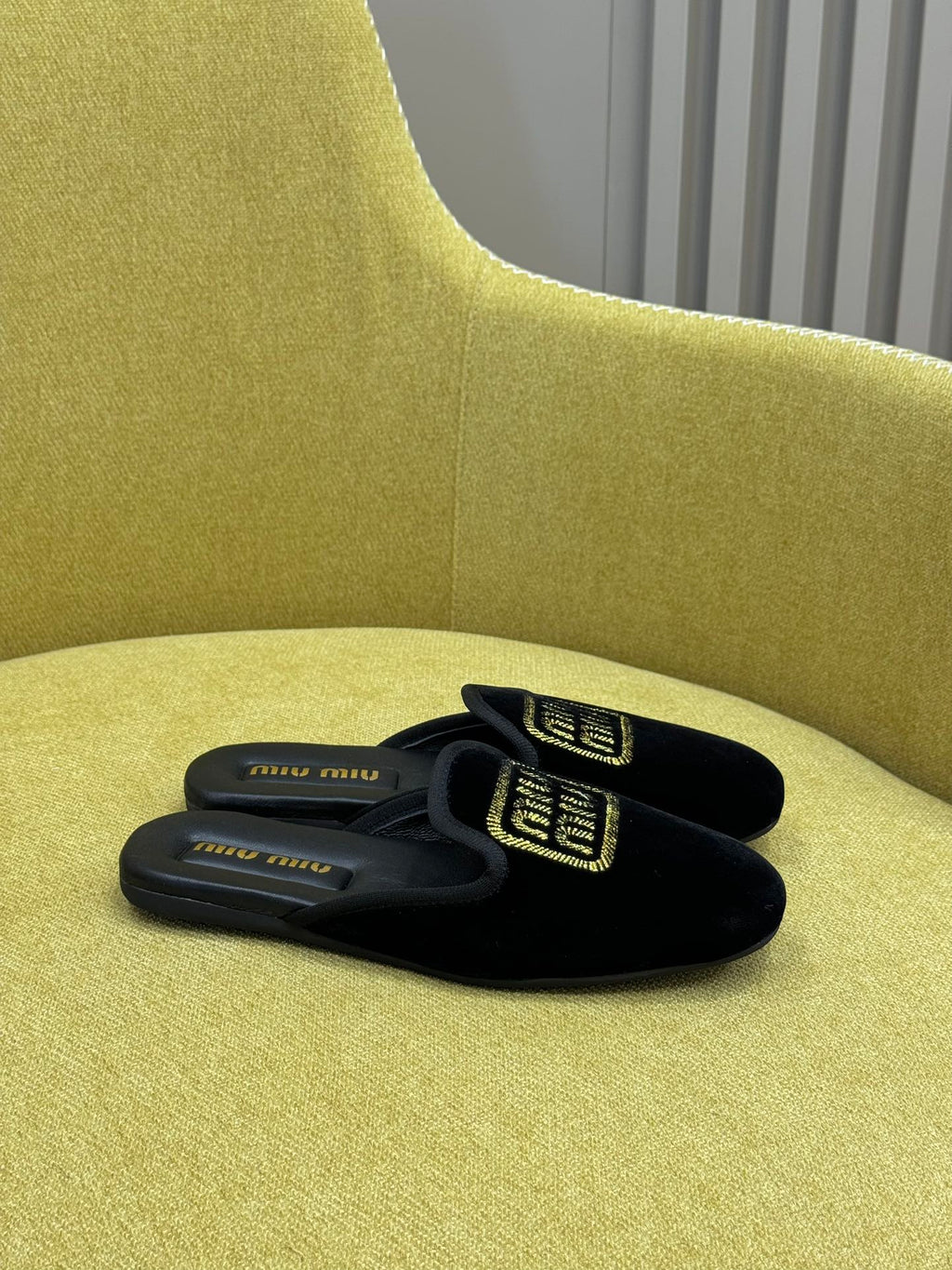 Black Velvet Slippers With Embroidered Logo