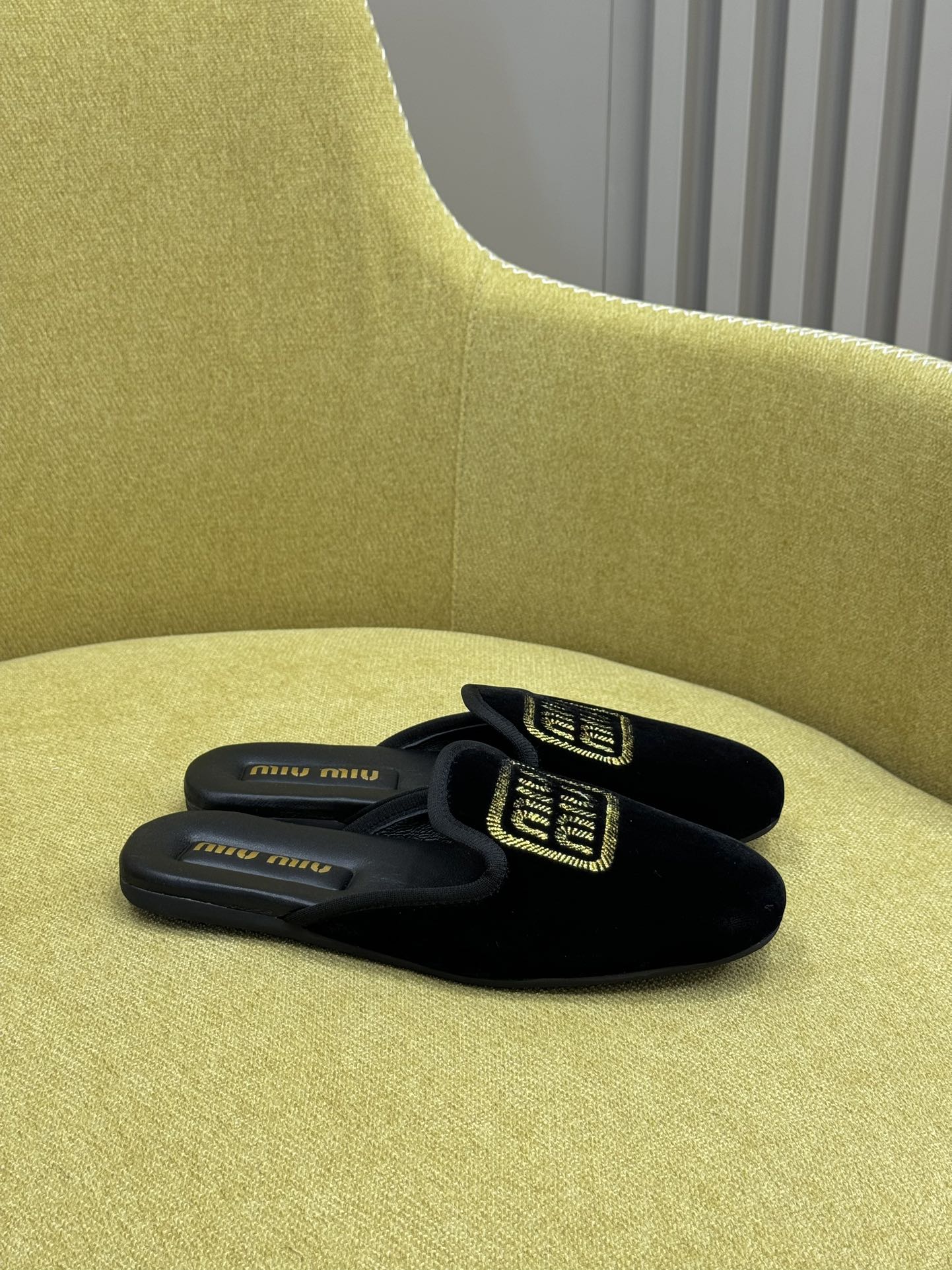 Black Velvet Slippers With Embroidered Logo