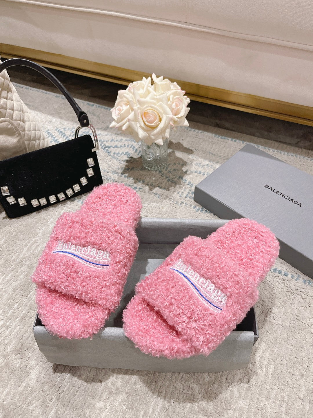 Pink Furry Slides Slip-On Sandals