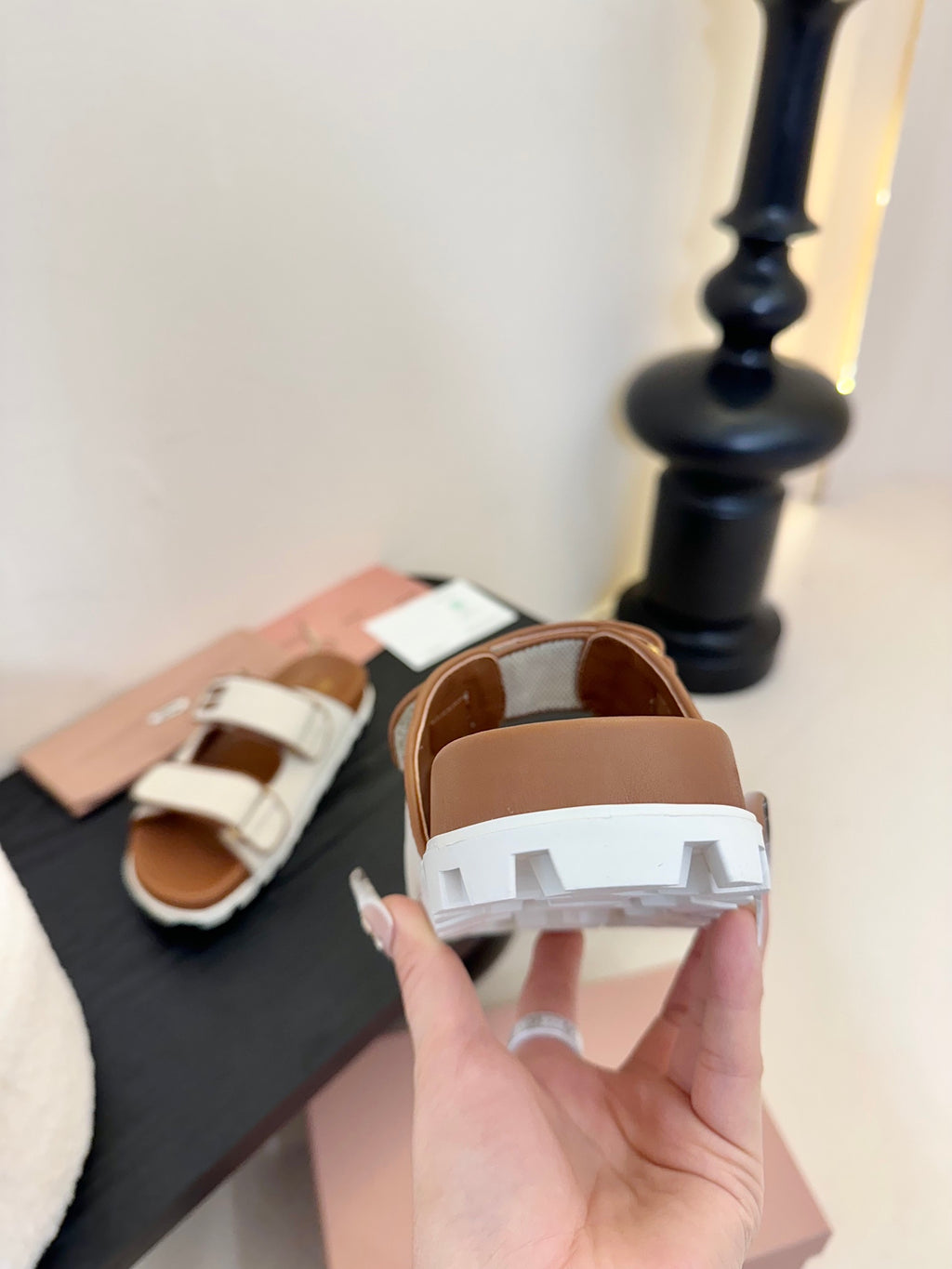 Beige/Brandy Canvas Slides