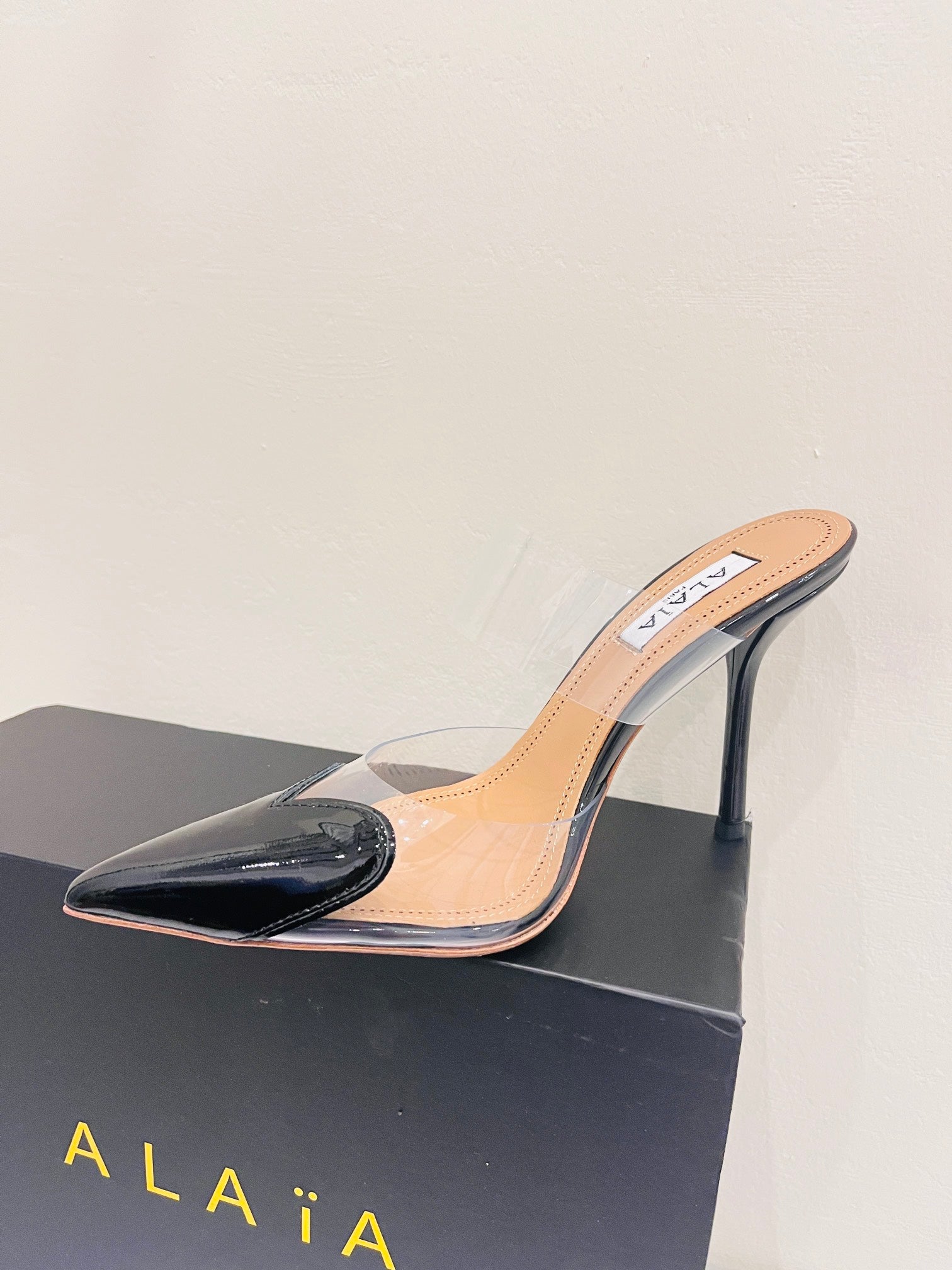 Black LC Mules In Patent Leather
