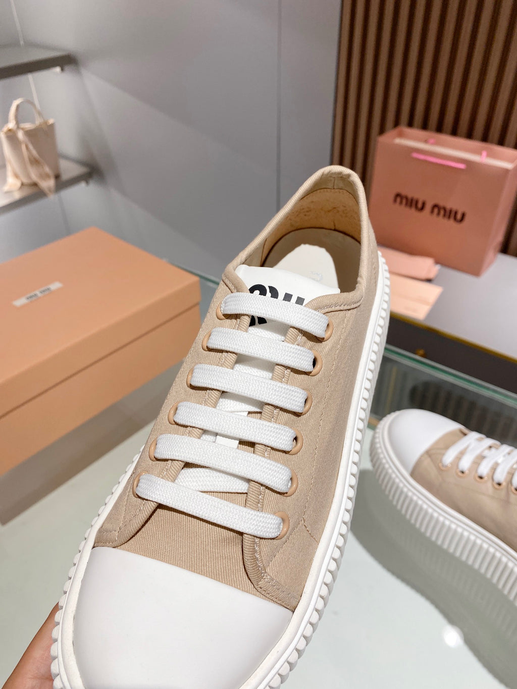 Beige denim sneakers