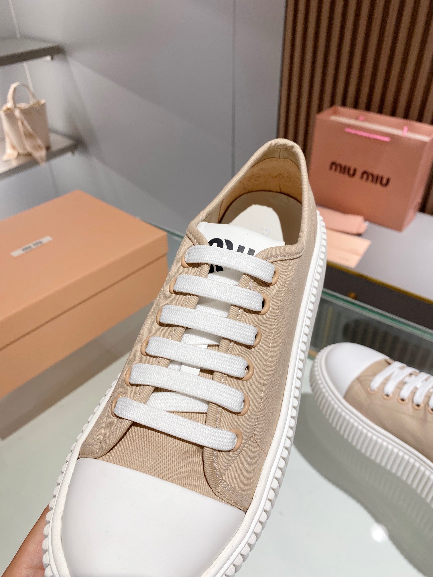 Beige denim sneakers