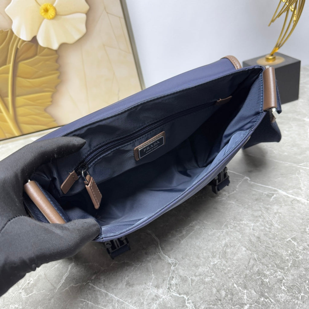 Blue/Coffee Medium Re-Nylon & Leather Shoulder Bag