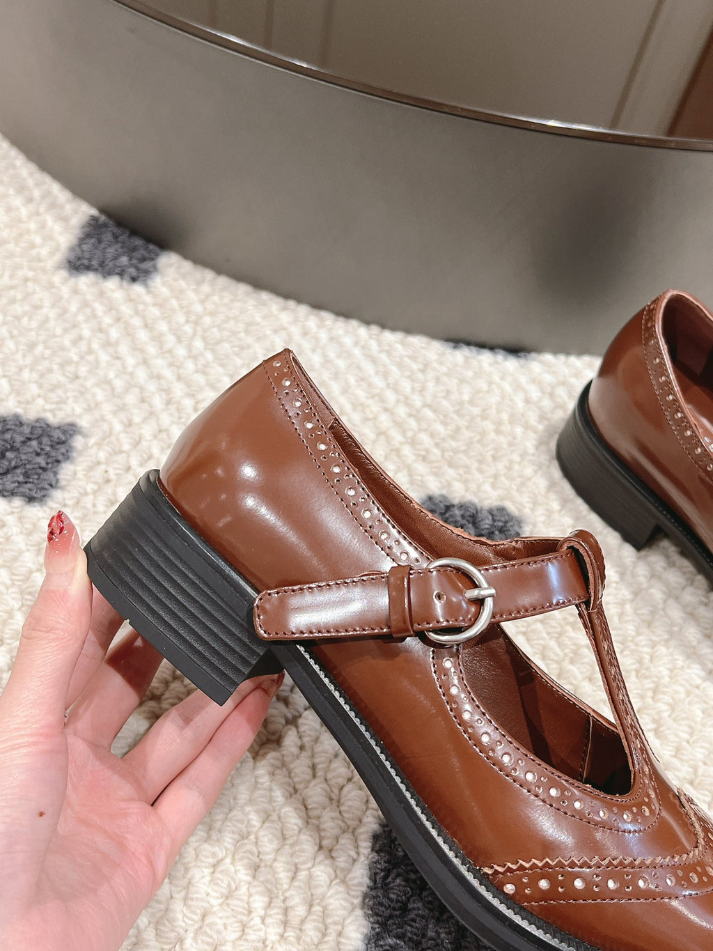 Tobacco Brushed Leather T-Strap Brogue Shoes