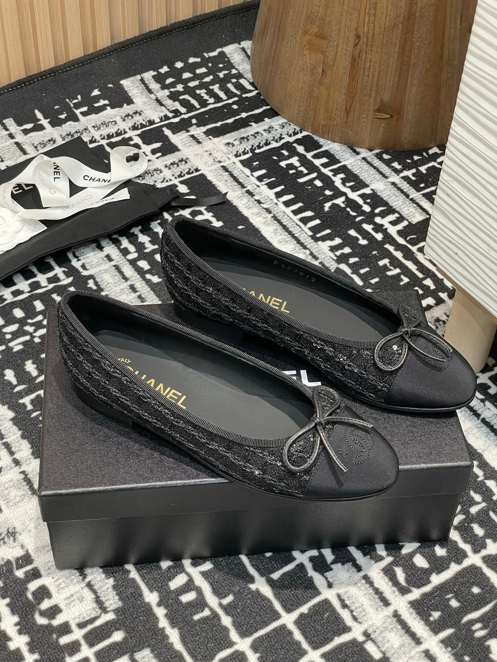 Black Glittered Tweed Ballet Flats