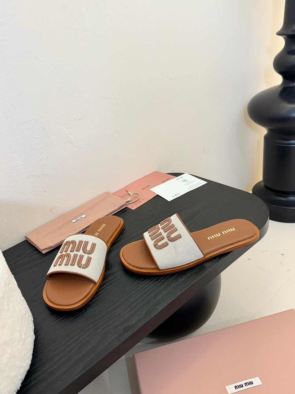 Beige/Brandy Canvas & Leather Slides