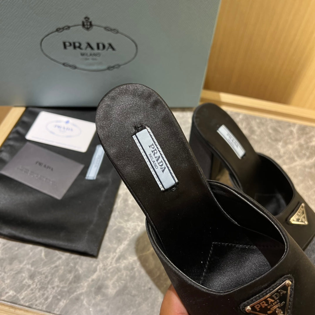 Black High-heeled satin slides