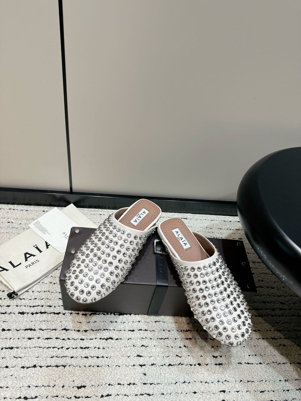White Flat Mules In Strass Leather