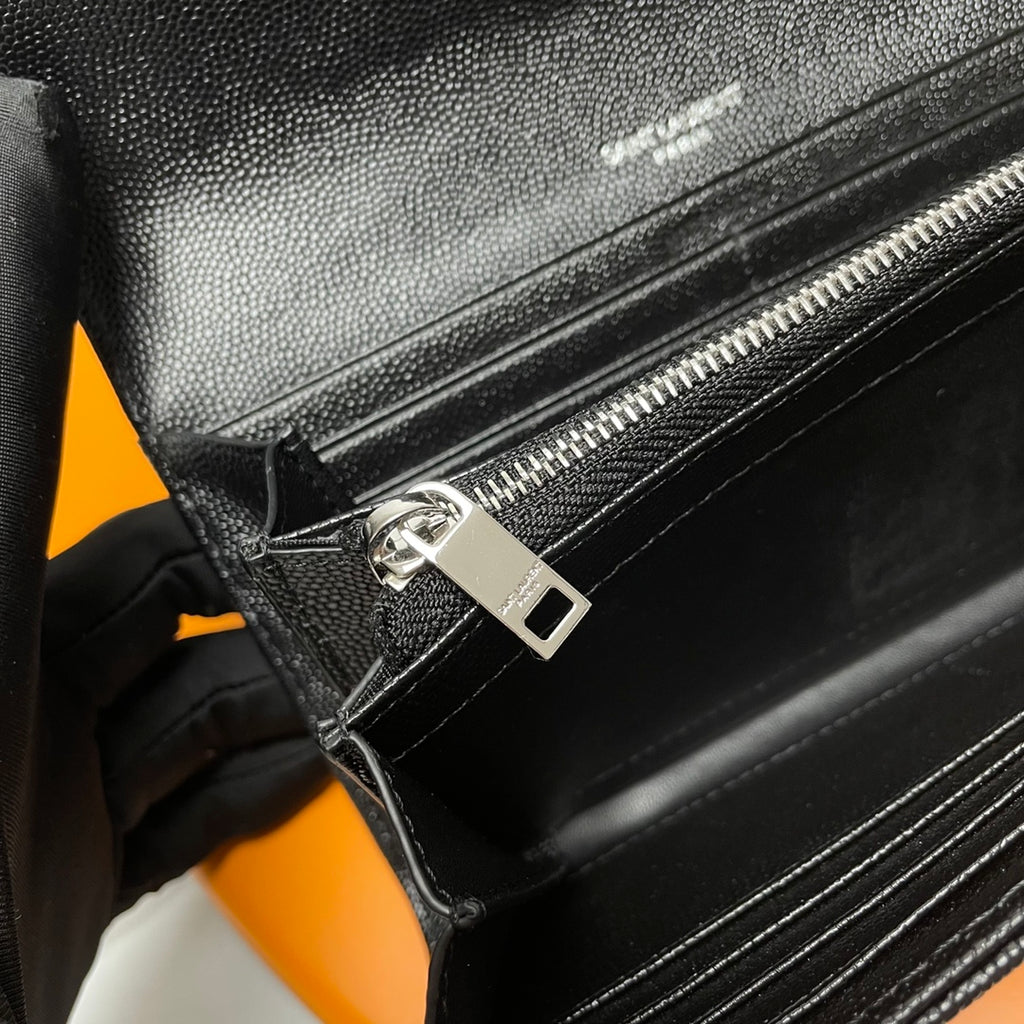 Black Large Flap Wallet With Silver-Tone Hardware