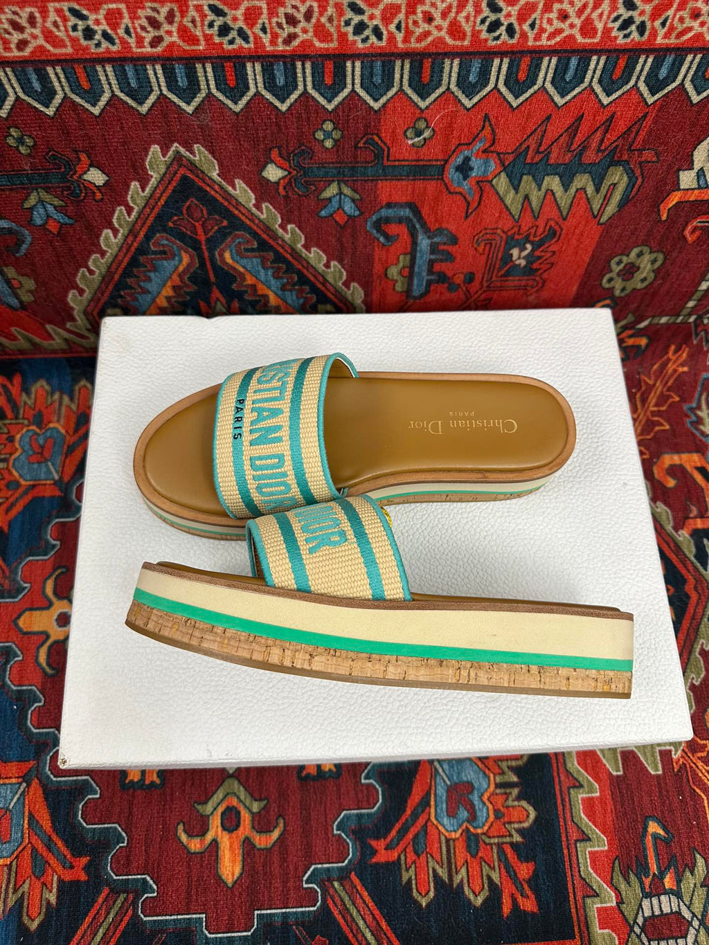 Natural Raffia & Aquamarina Embroidered DD Platform Slide