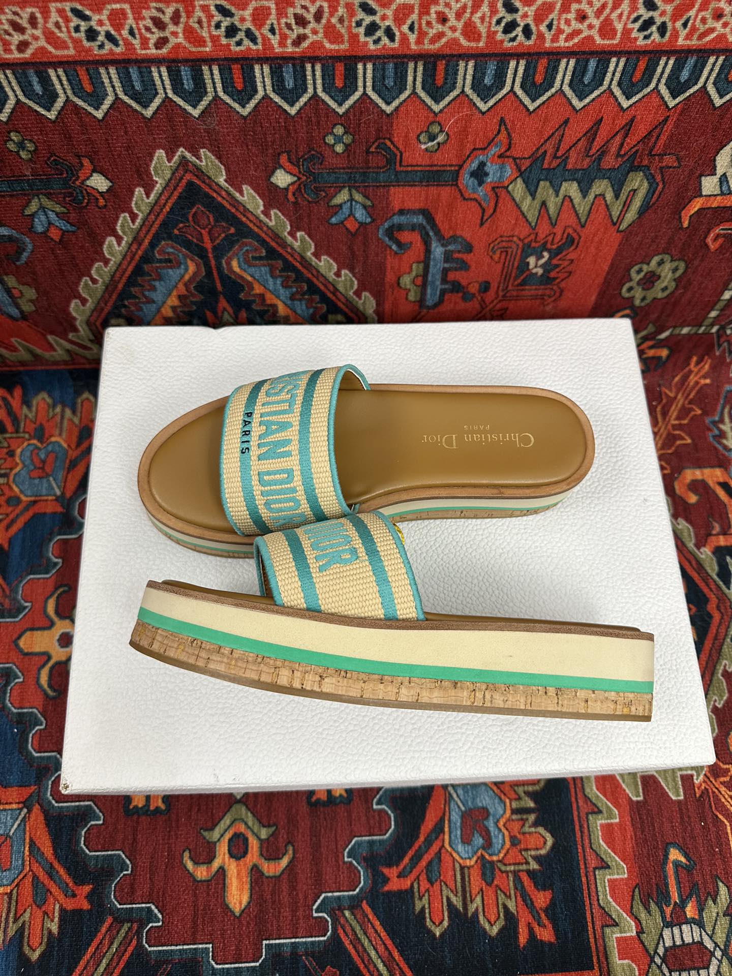 Natural Raffia & Aquamarina Embroidered DD Platform Slide