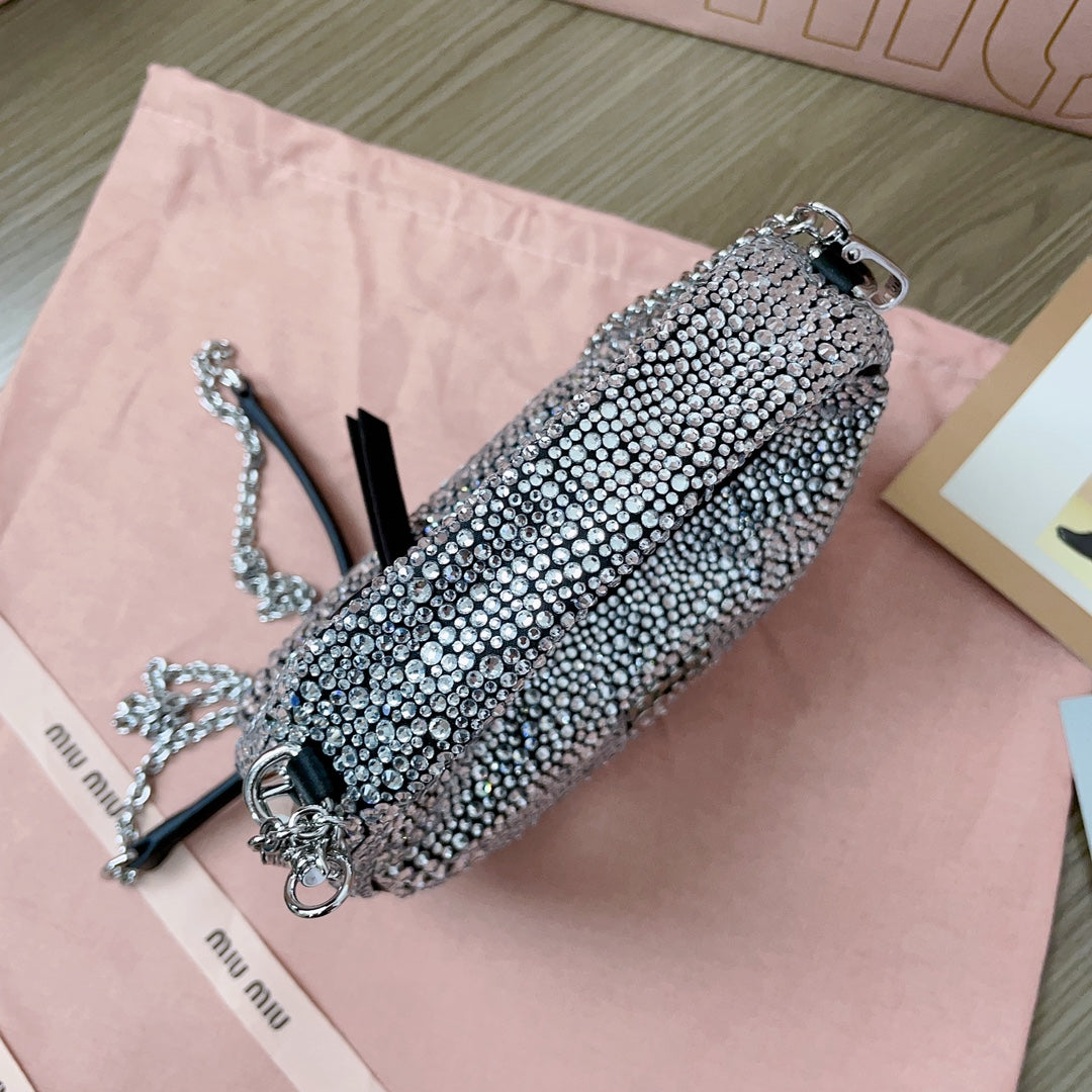 Black Wander Satin Mini Hobo Bag With Synthetic Crystals