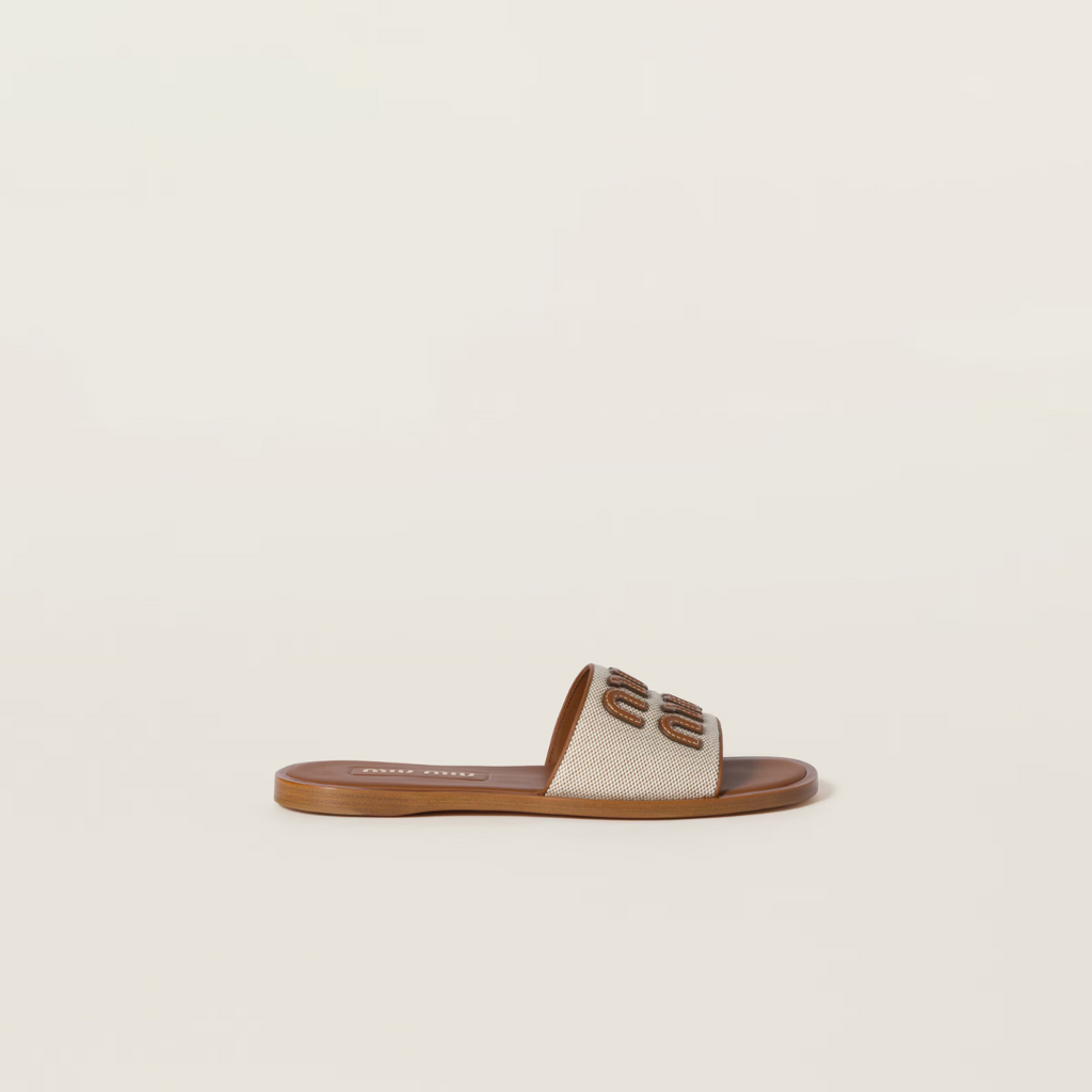 Beige/Brandy Canvas & Leather Slides