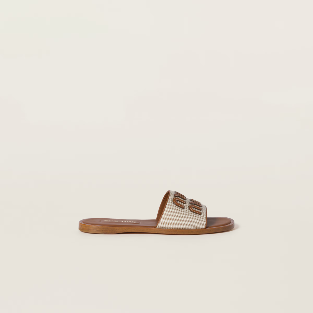 Beige/Brandy Canvas & Leather Slides