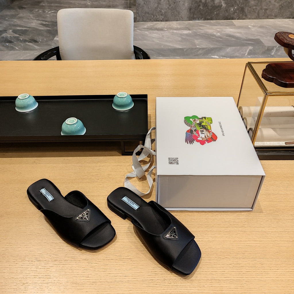 Black flat satin sandals