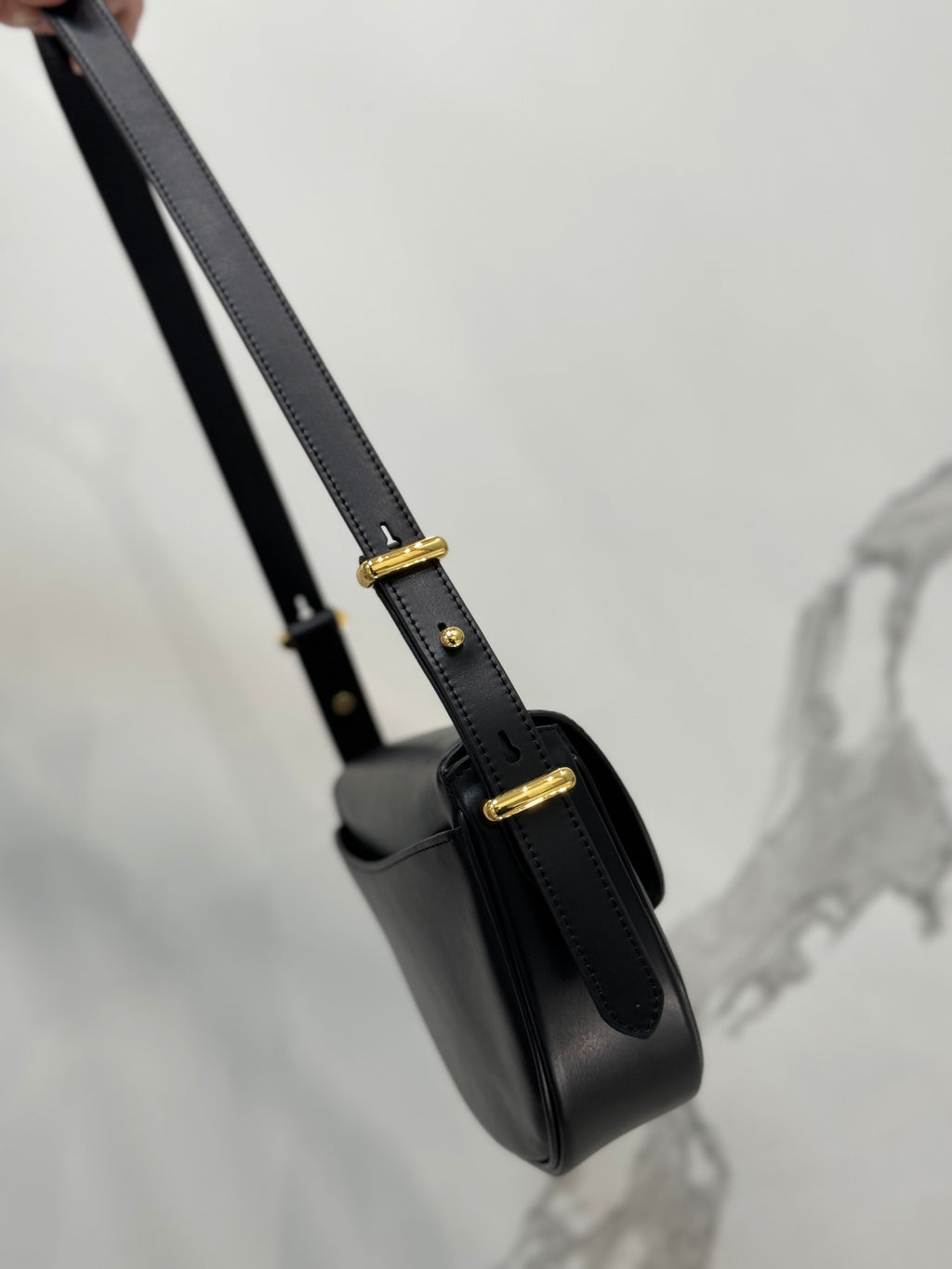 Black PA Leather Shoulder Bag With Flap