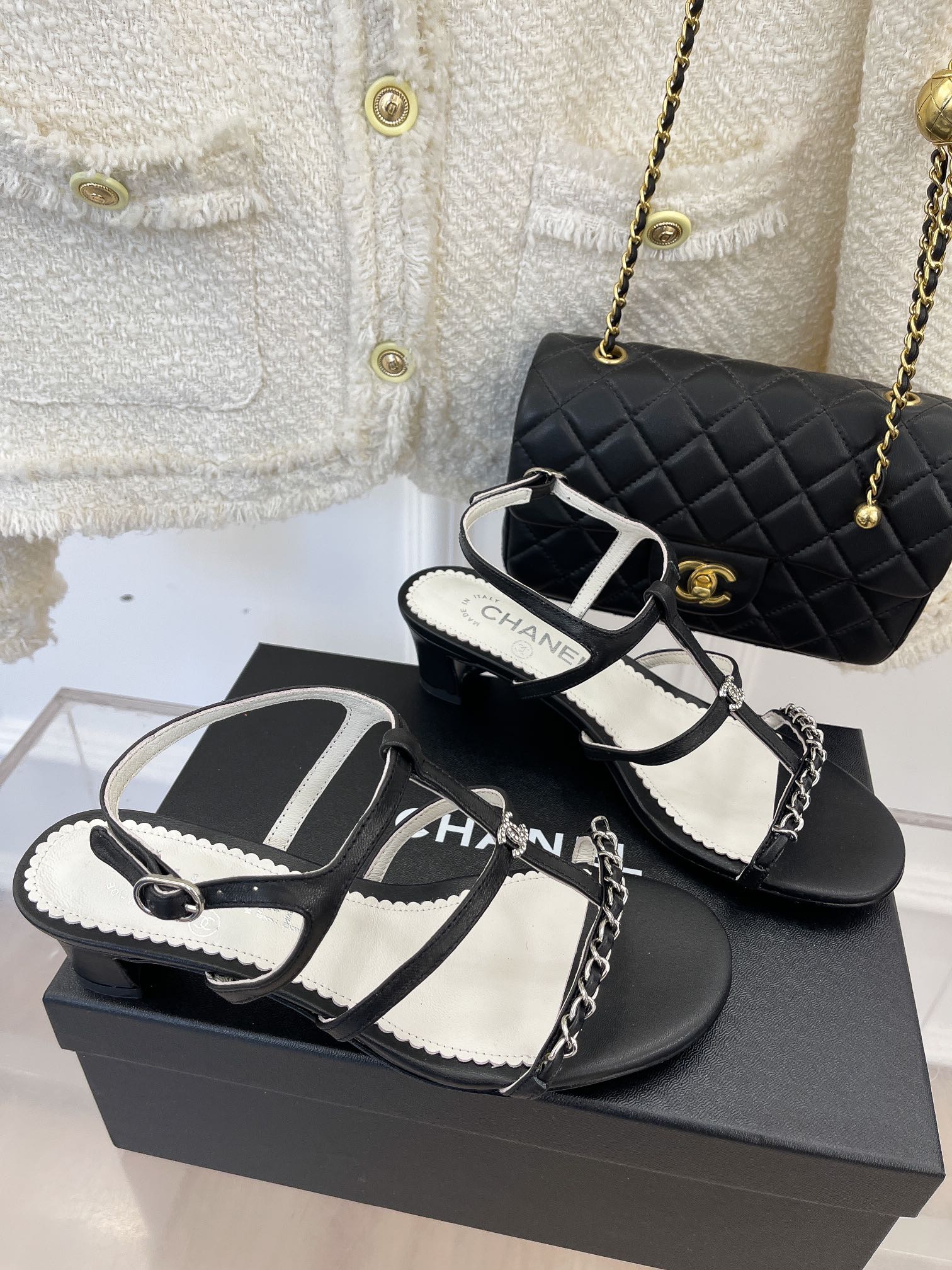 Black CC leather & metal sandals