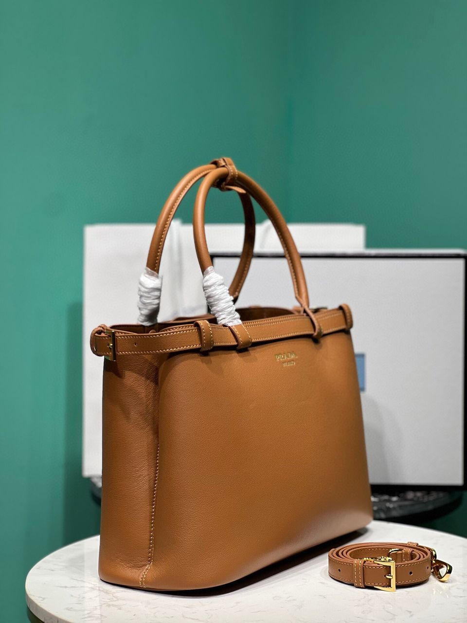 Caramel Buckle Medium Leather Handbag With Double Belt