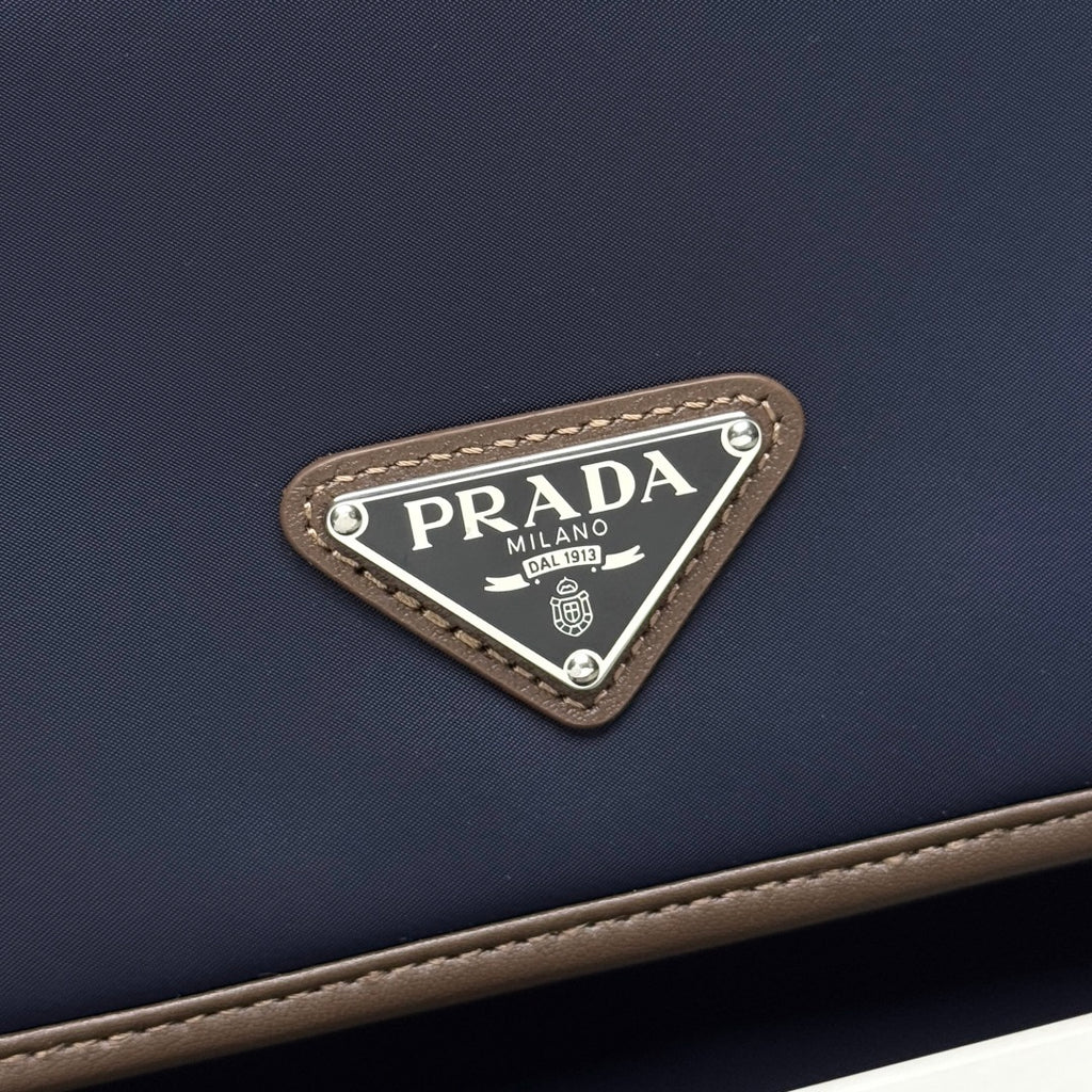 Blue/Coffee Large Re-Nylon & Leather Shoulder Bag