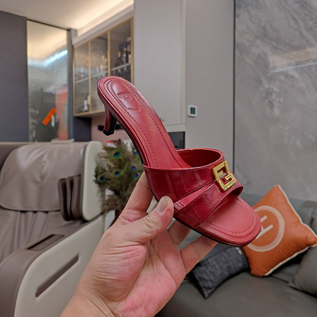 Red Leather Medium-Heeled Sandals