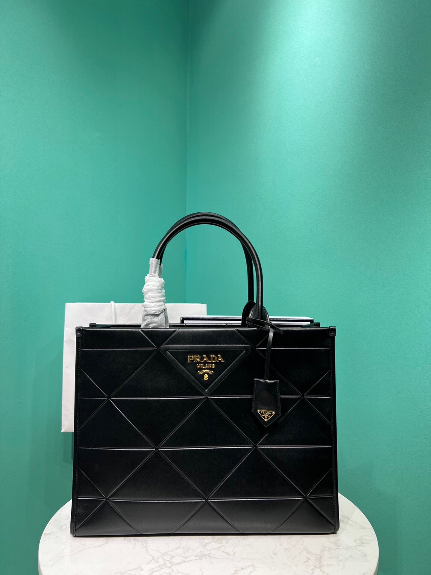 Black Large Leather Symbole Bag With Topstitching