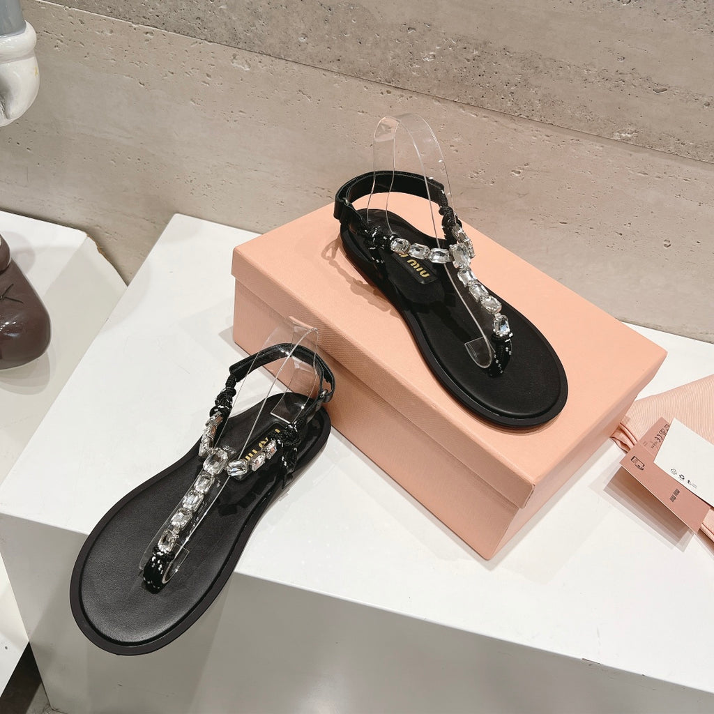 Crystal/Black Cotton Cord Thong Sandals