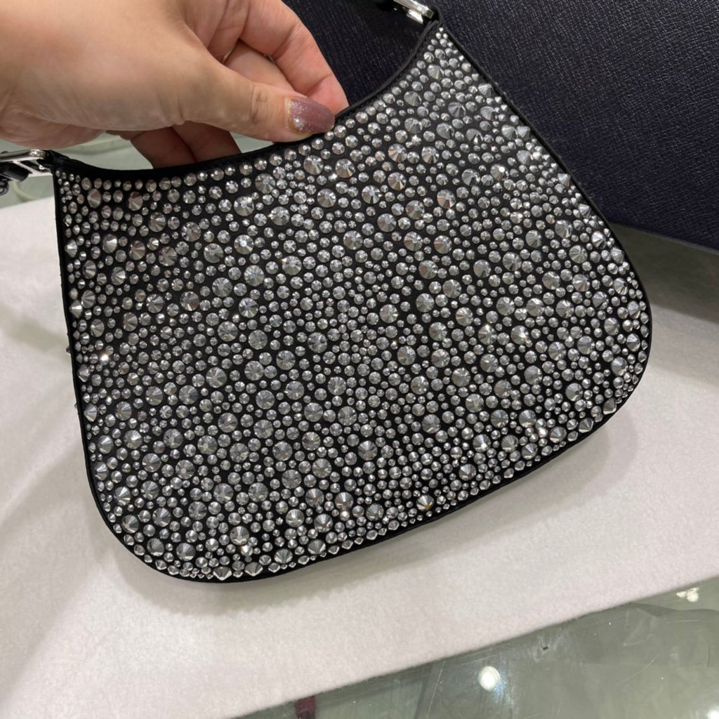 Black PC satin bag with appliqués