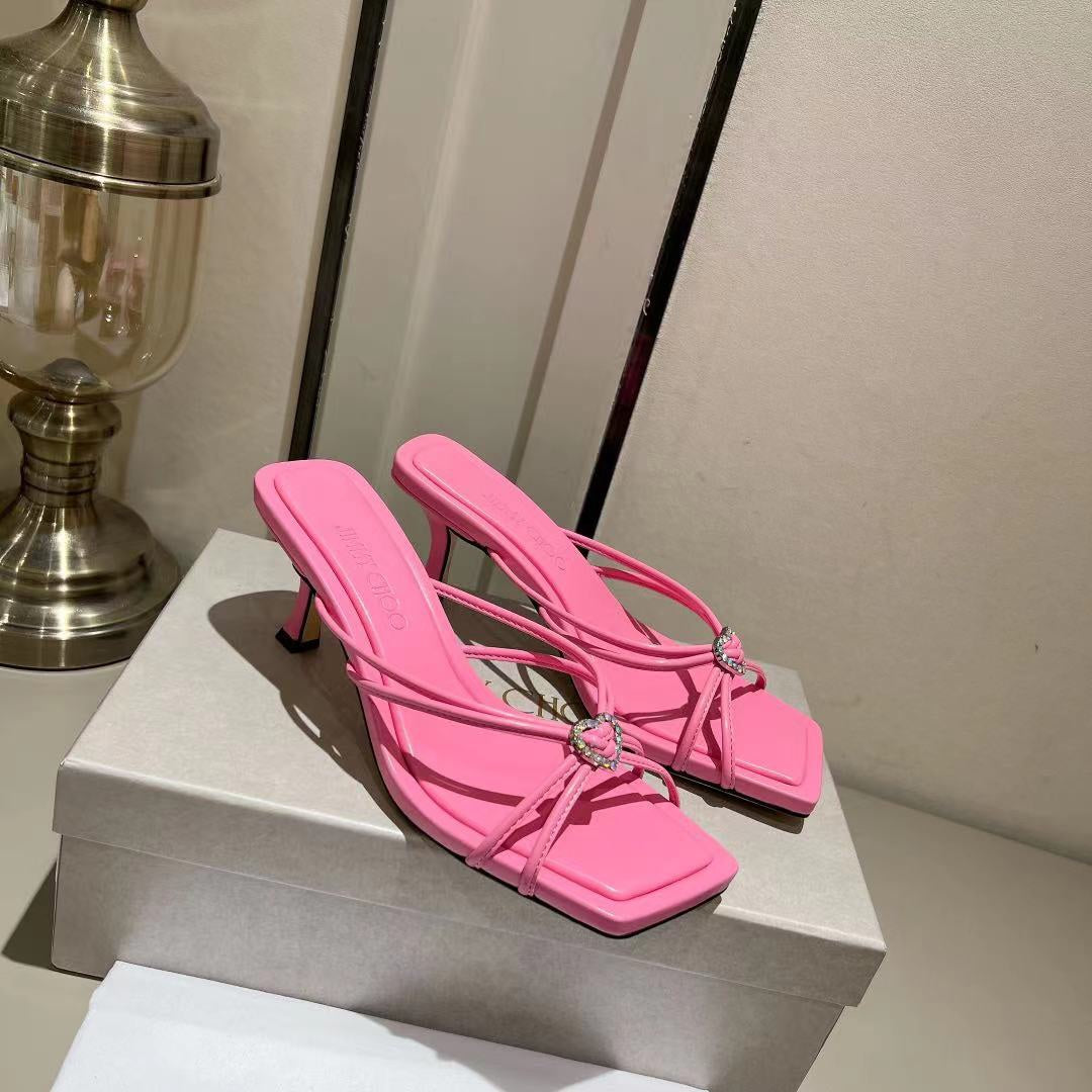 Candy Pink Leather Mules with Crystal Hearts