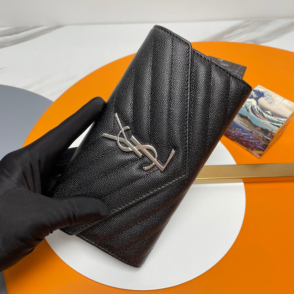 Black Large Flap Wallet With Silver-Tone Hardware