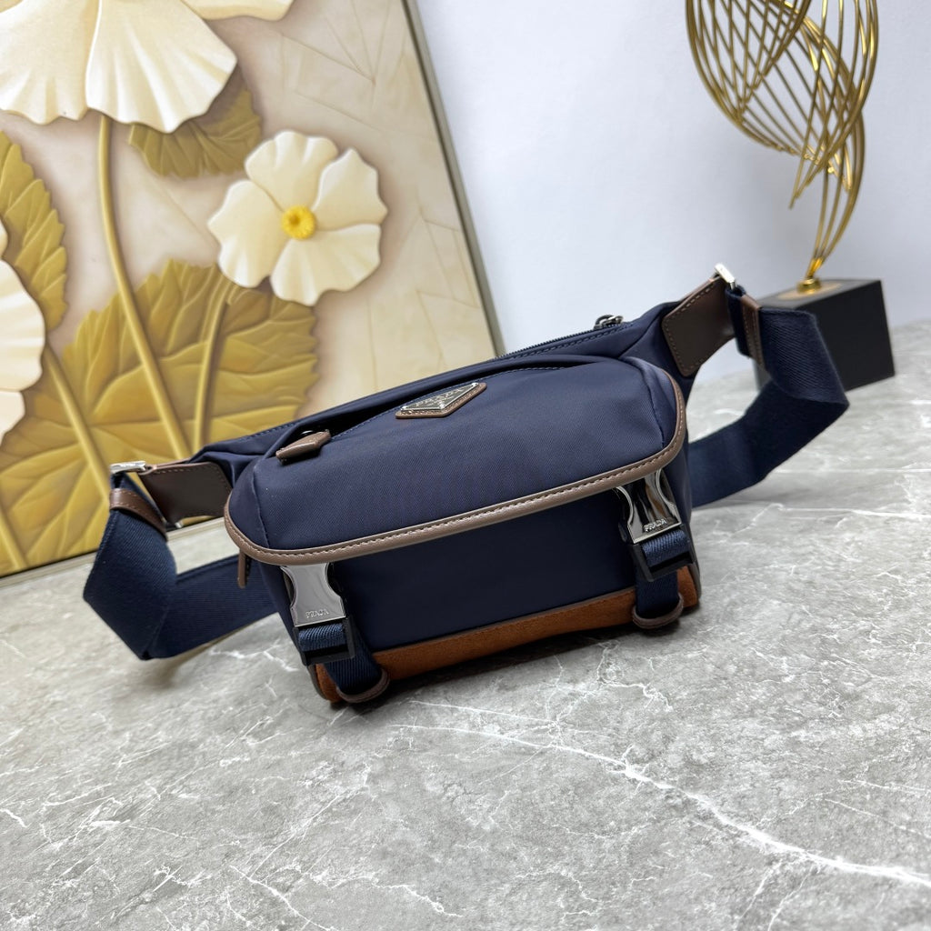 Blue/Coffee Small Re-Nylon & Leather Shoulder Bag