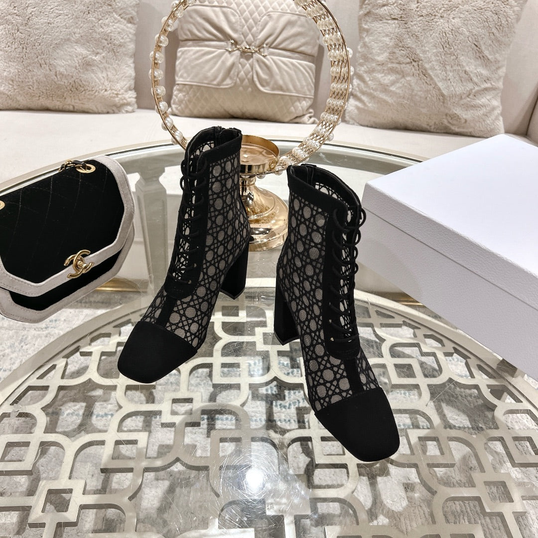Black Cannage Motif & Suede ND Heeled Ankle Boot