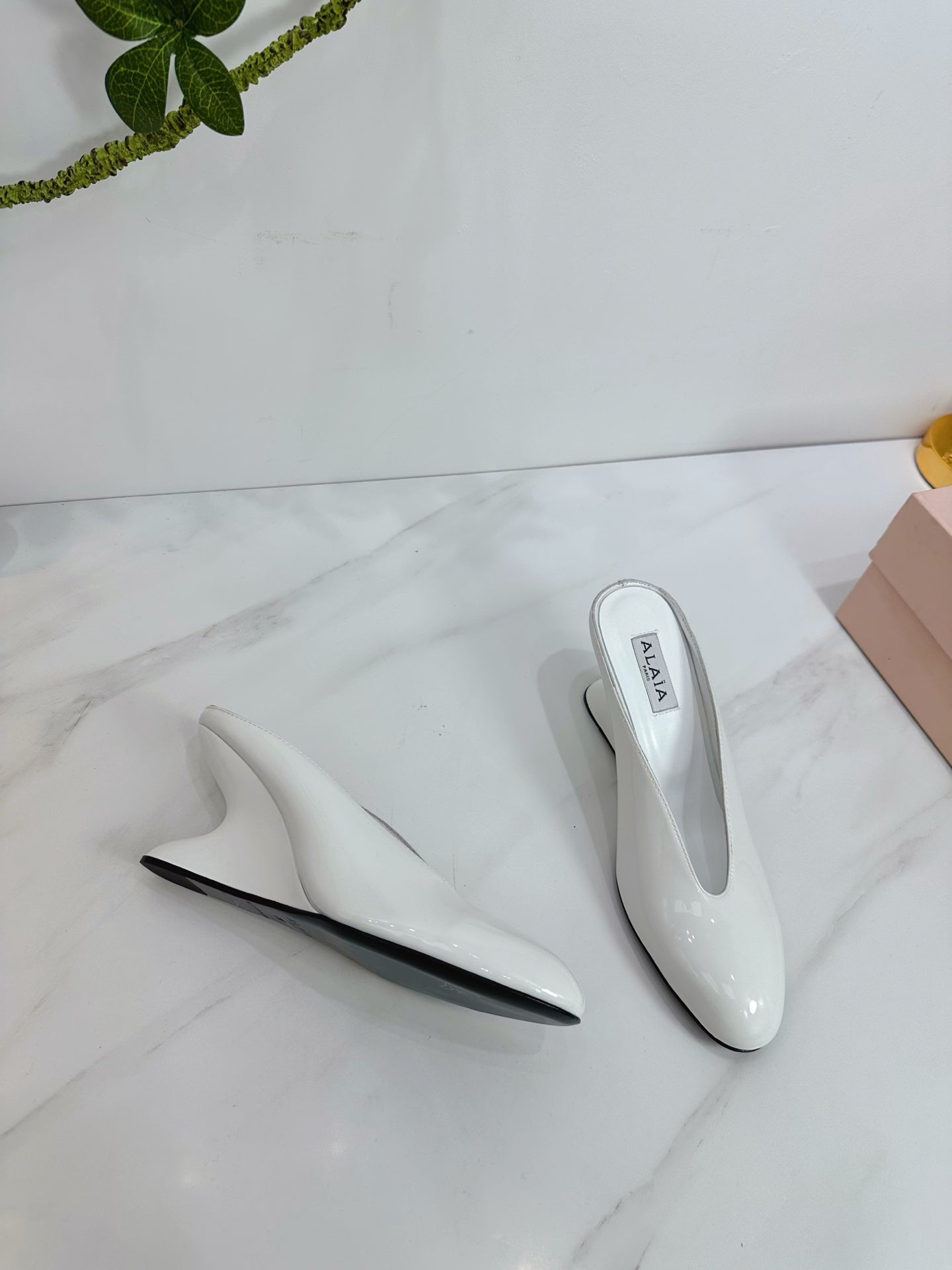 White Curve Wedge Mules