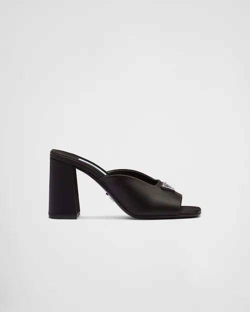 Black High-heeled satin slides