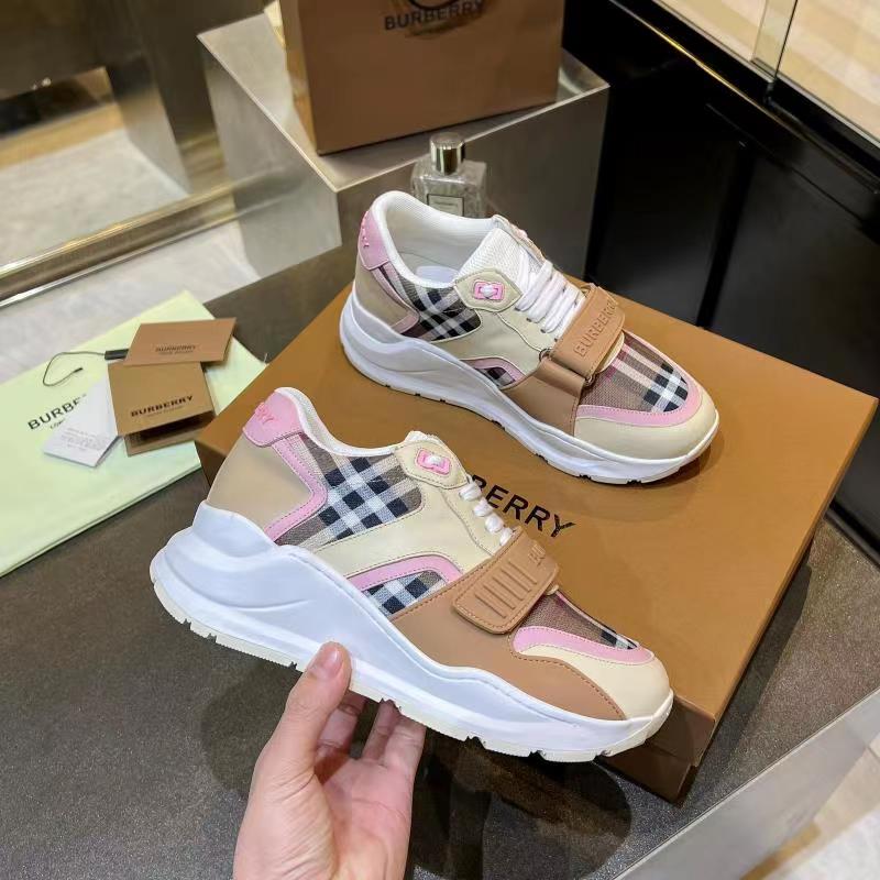 Brown/Pink Check Cotton and Leather Sneakers