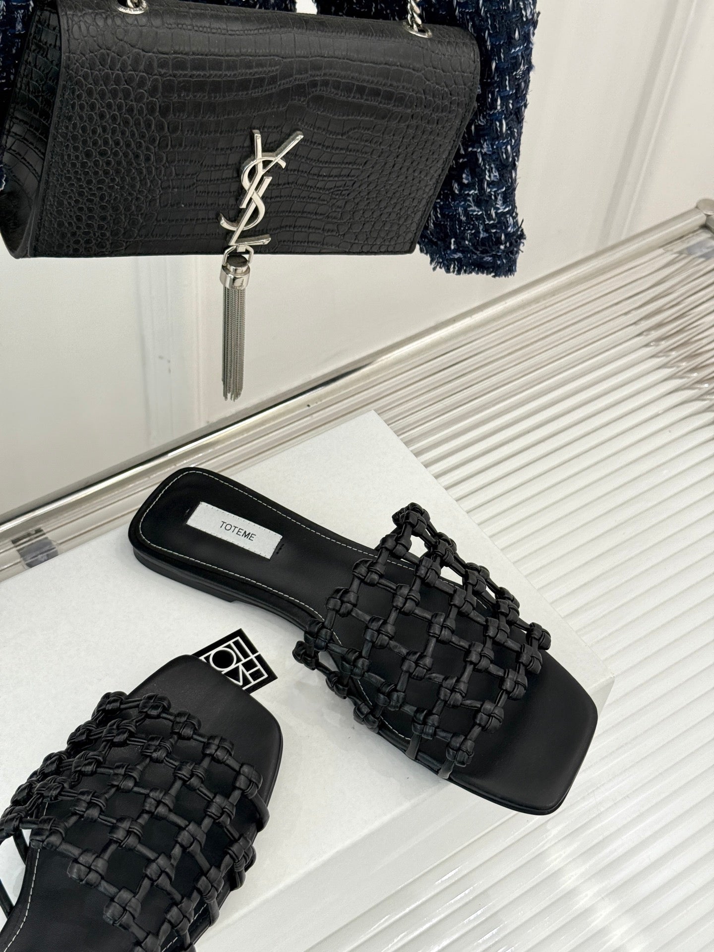 Black Braided-Leather Bandeau Slides