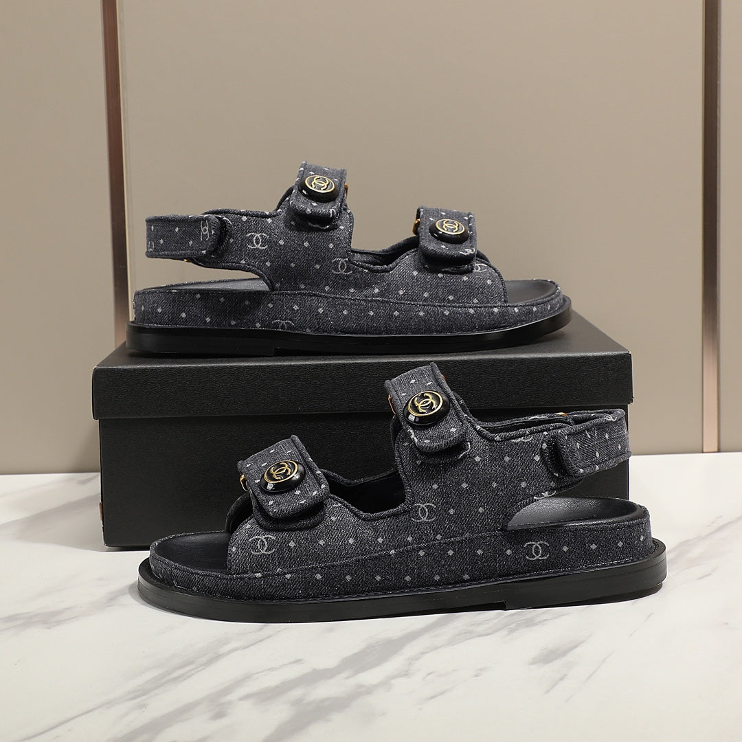 Black Printed Denim C Sandals