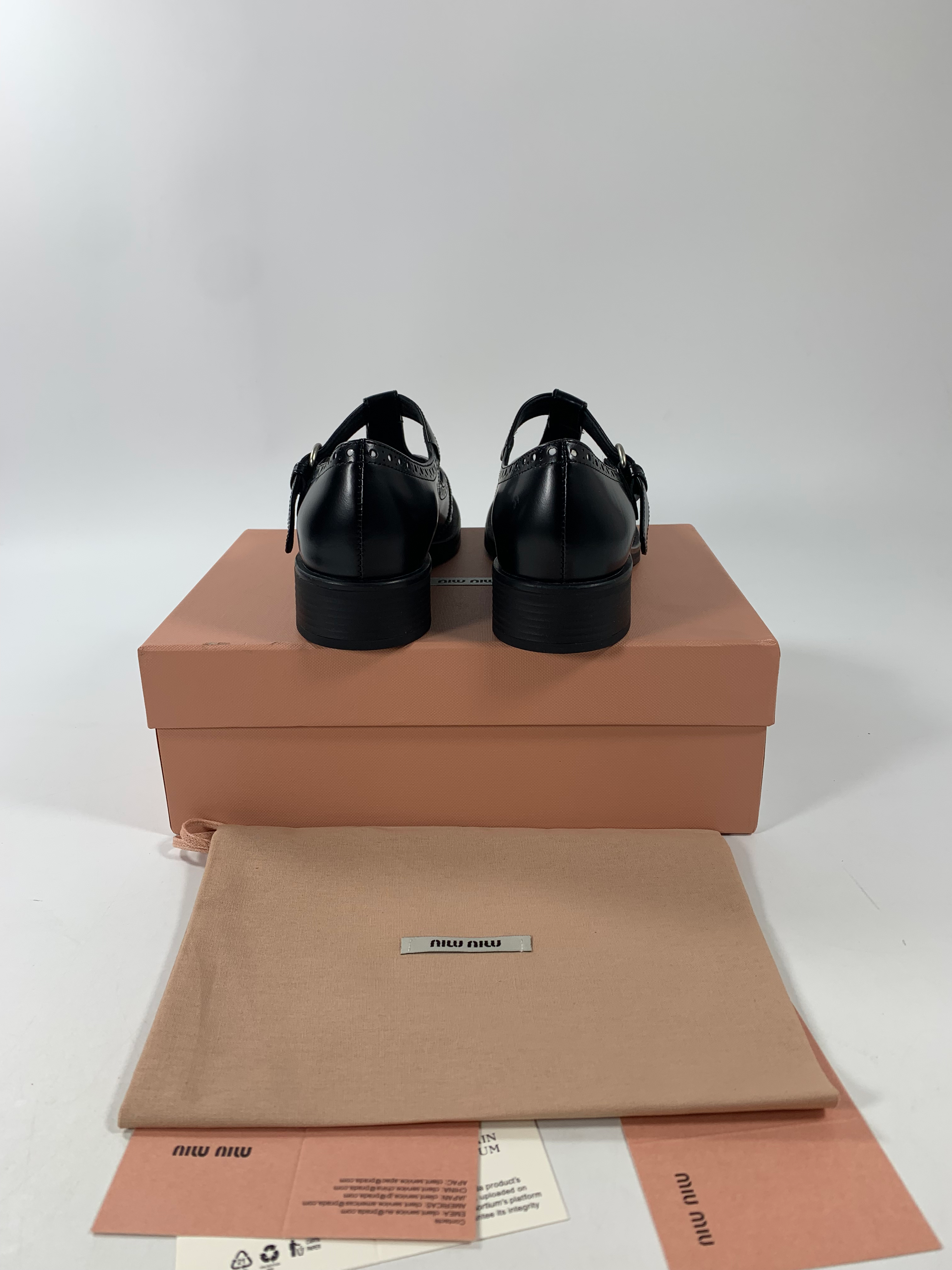 Black Brushed Leather T-Strap Brogue Shoes