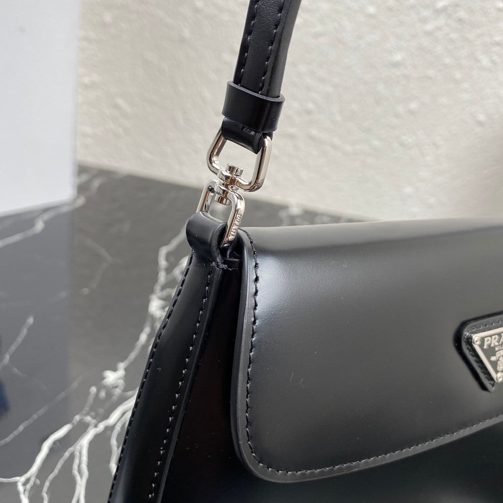 Black PC brushed leather shoulder bag with flap
